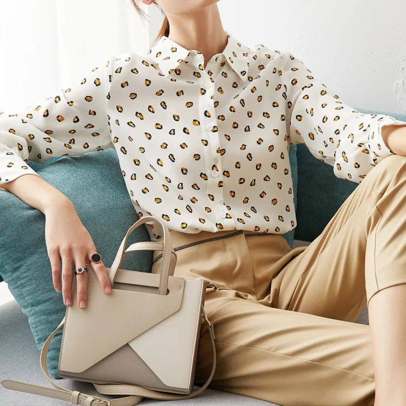 

silk shirt Leopard New print silk blouse loose mulberry silk shirt white long sleeved shirt