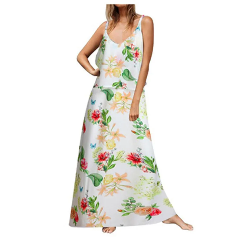 

Summer women's street trend V-neck sling pleated long skirt printed floor skirt