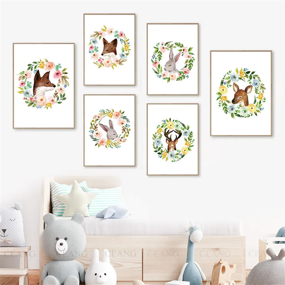 

Animal Head Rabbit Fox Deer Canvas Print Posters Green Leaf Pink Flower Painting Nursery Wall Art Poster Picture Girl Room Decor