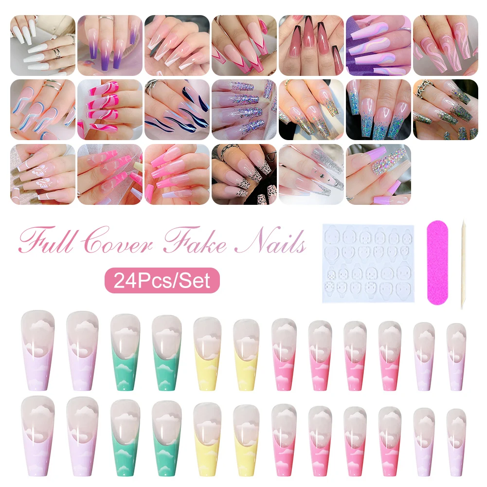

24Pcs/Set Full Cover Fake Nails Ballerina Press On False Nail Tips Long Coffin Nails for Nail Art Decoration Nail Decals