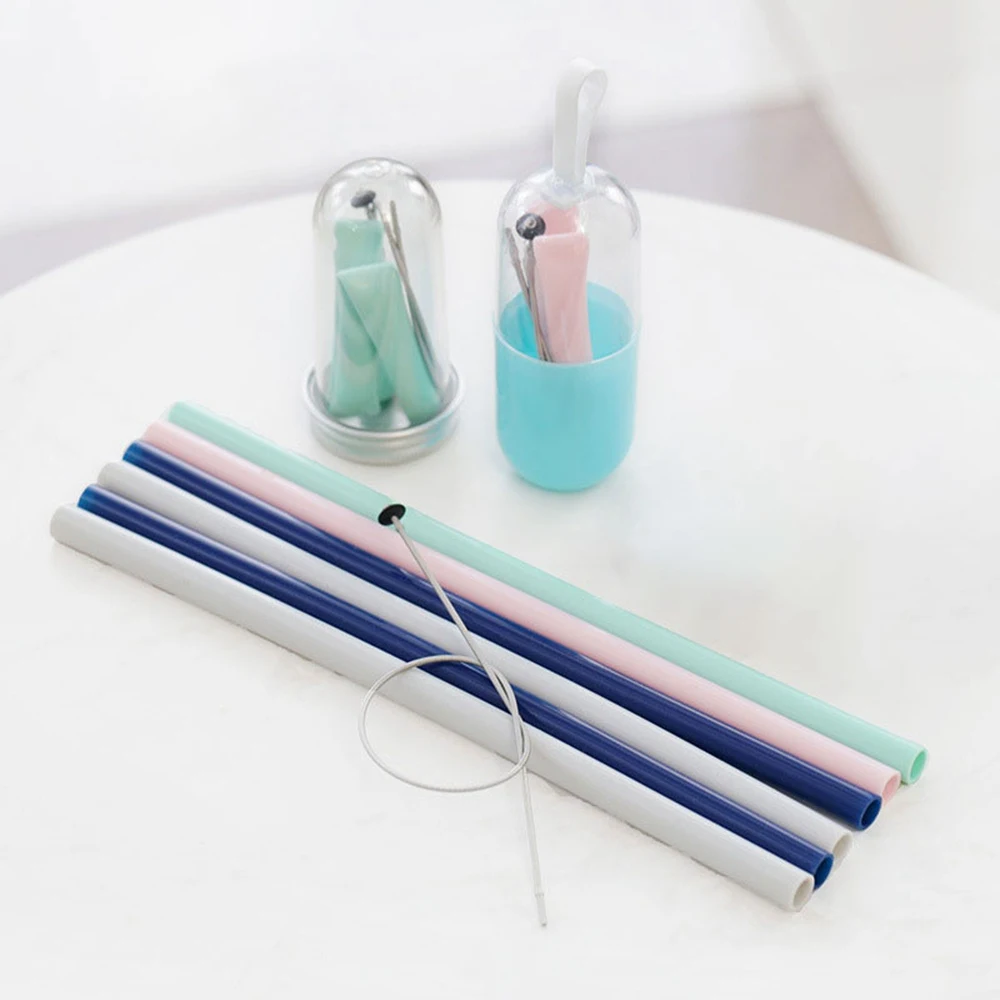 1Pc Reusable Food Grade Silicone Straws Foldable Drinking Straw With Cleaning Brush Storage Box Dust-proof Kid Adult Party Straw