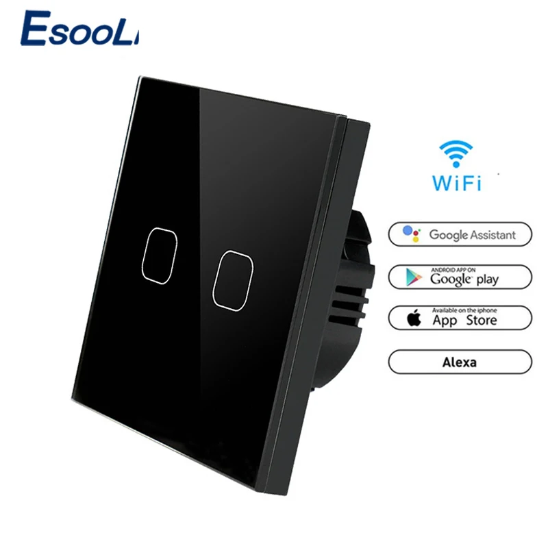 EsooLi 86 Тип сенсорный переключатель умный светильник переключатель wifi светильник переключатель приложение беспроводной пульт дистанционного управления стандарт ЕС работа с Alexa Google Home - Цвет: WiFi Black 2gang