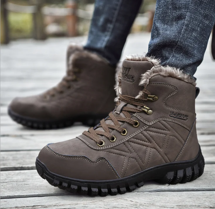 

2020 Snow Work Safety Genuine Leather Big Size Boots With Fur Winter Shoe Nonslip Male Platform Thick Plush Flatform Ankle Botas