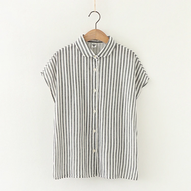 

2021 Summer Super Soft Cotton Yarn Stripe Plaid Short Sleeve Japanese Style Women Casual Shirt Blouse