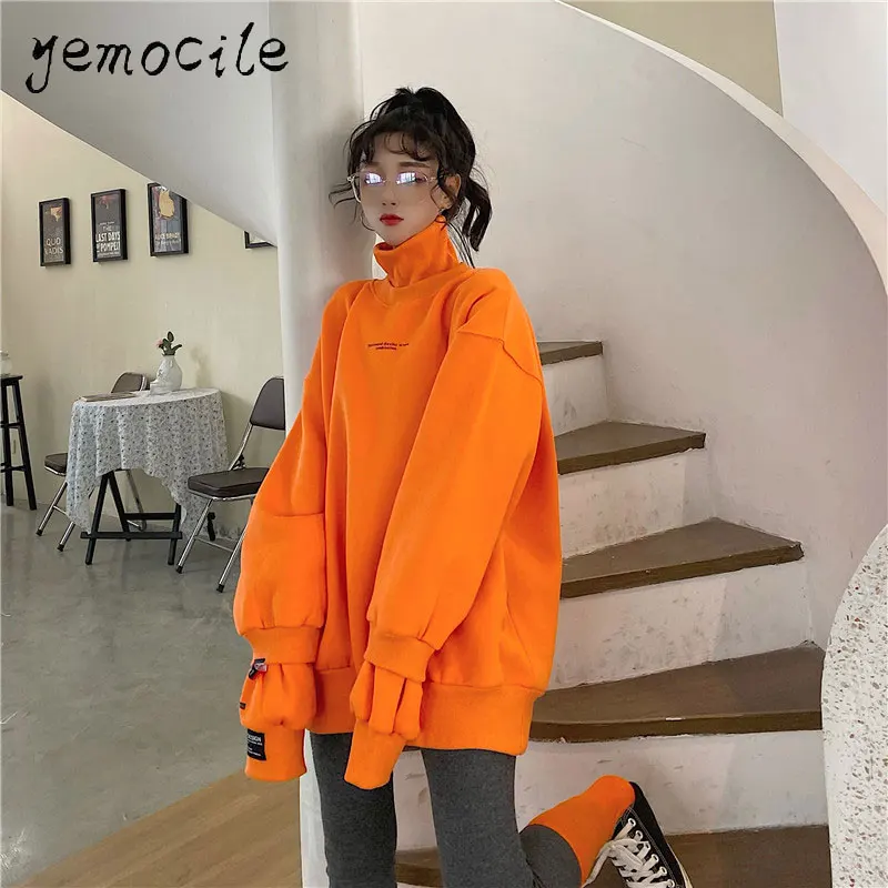 Женский толстый свитер в стиле Харадзюку оранжевая толстовка с высоким
