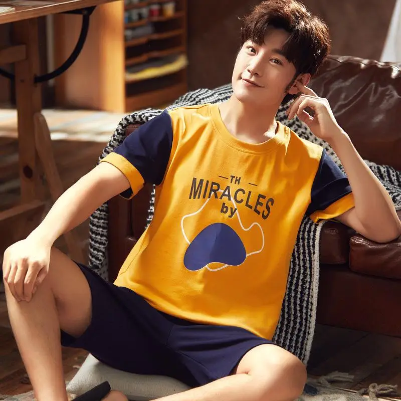 

Fashion Men Casual Loose Cartoon Round Neck Short-Sleeved Shorts Summer Home Service Pajamas Set