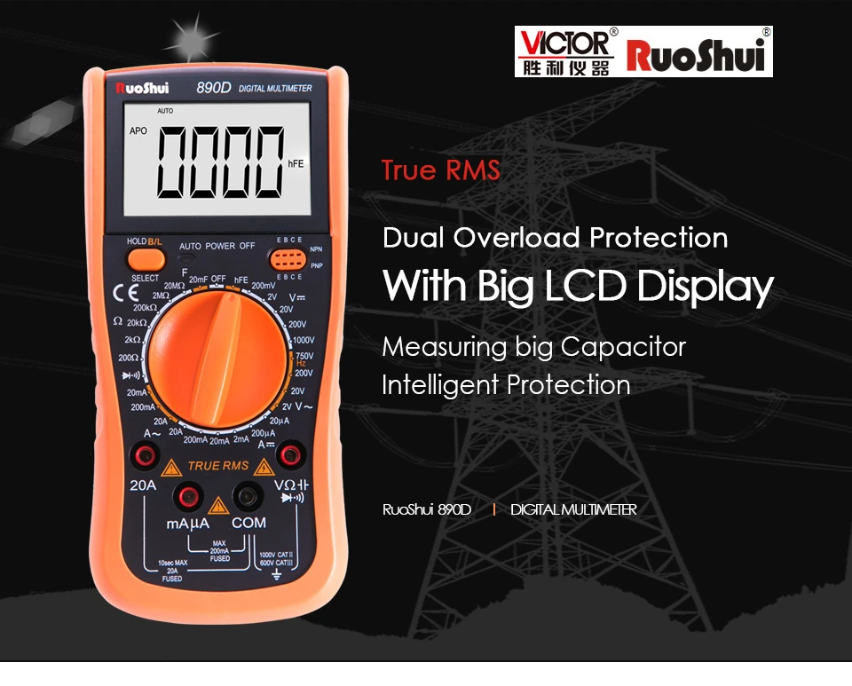 RuoShui VC890D цифровой мультиметр VICTOR True RMS DC Ручной диапазон сопротивления емкости Транзистор тестер multimetro Электрический