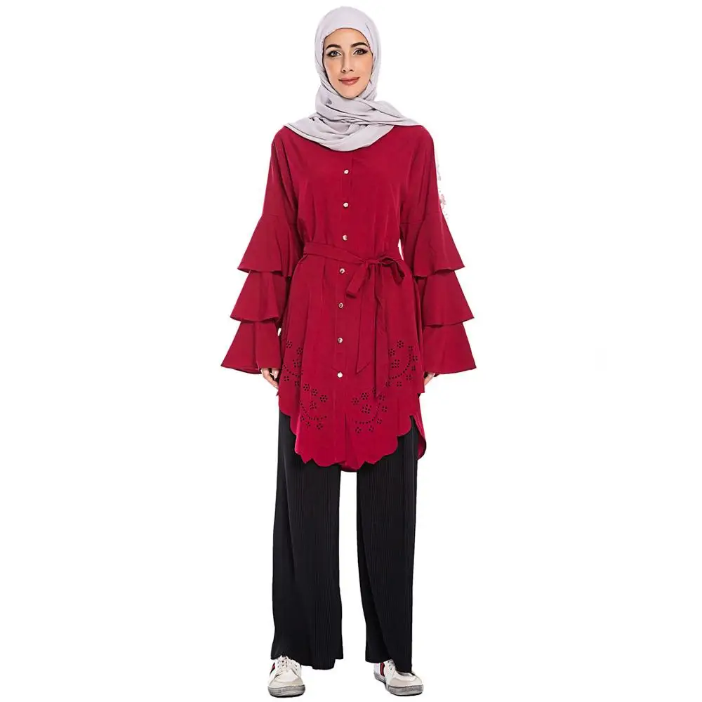 Длинные рубашки мусульманская женская мода рукав-лепесток одежда Оман Дубай