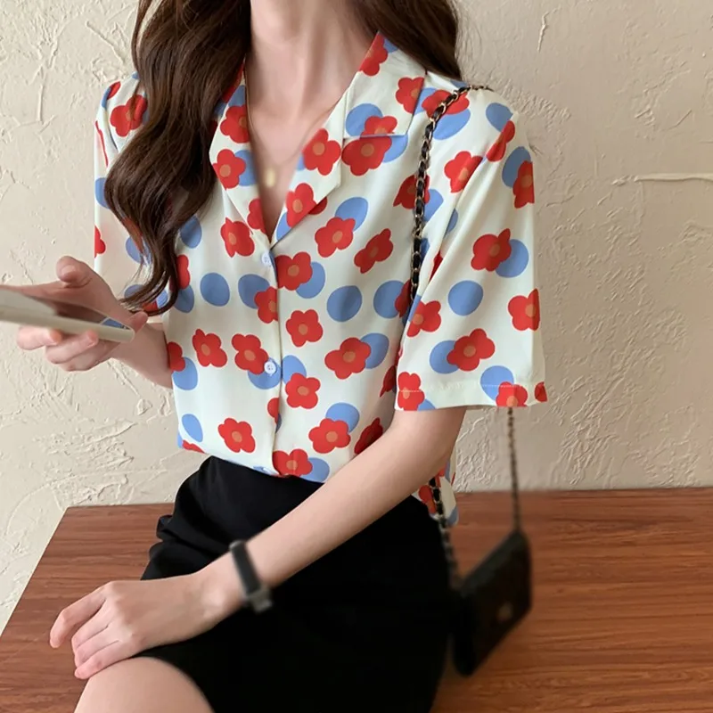 

EFINNY Sweet Women Blouse V-neck Shirts Sweet Floral Printed Cotton Shirt Korean Fashion Summer Blouses