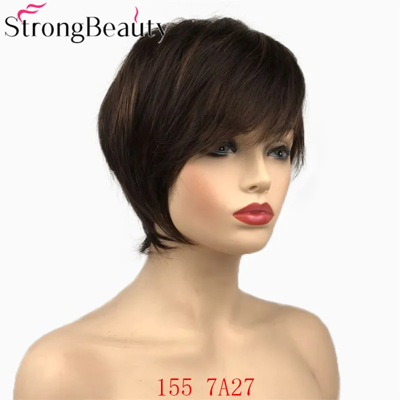 StrongBeauty короткие прямые парики натуральные волосы женские синтетические парики слоистые стриженные волосы парики