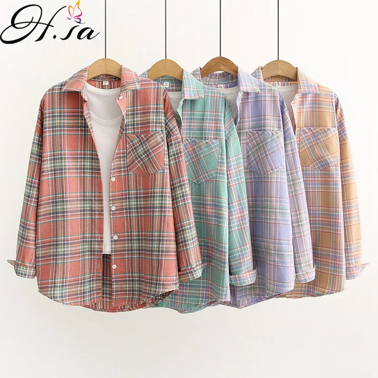

Hsa Korean Style Retro Plaid Shirt Women's 2021 Autumn and Winter New Brushed Cotton Loose Long Sleeve Underwear Blouse Fashion