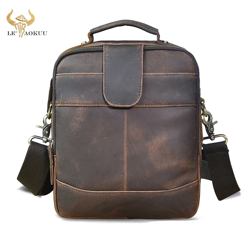 Crazy Horse Leather Male Antique Casual Design School Messenger Crossbody bag College Tote Satchel Tablet Book bag For Men 111-2