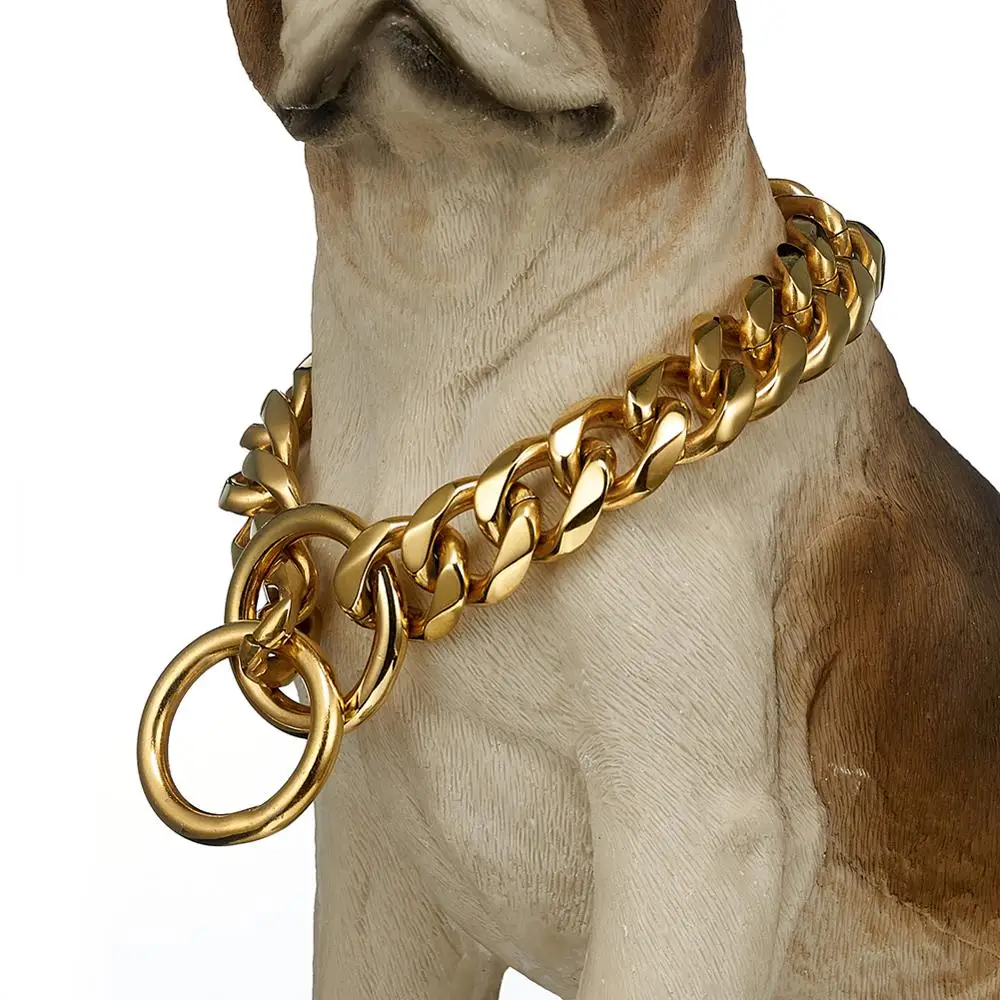 

19MM Gold Color Stainless Steel Dog Collar Double Loop Fastener Sturdy And Durable Wholesale Thick Iron Chain Pet Accessories