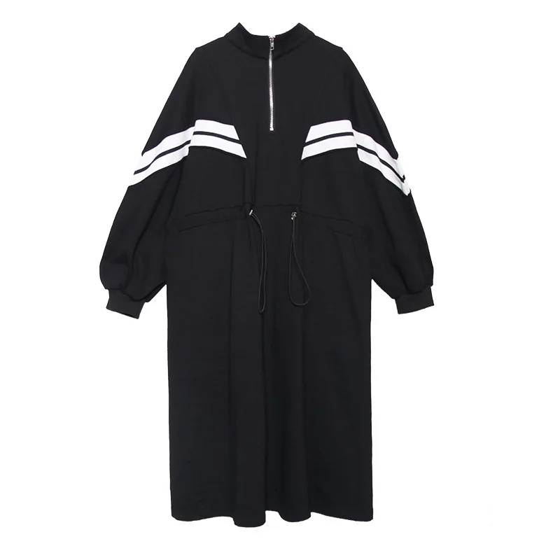 

Johnature 2021 Winter New Casual Fashion Women Clothes Dress Striped Loose Zippers Elastic Waist Female Dresses