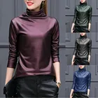 Женские базовые рубашки из искусственной кожи однотонная Водолазка с длинным рукавом Блузка Топы повседневные
