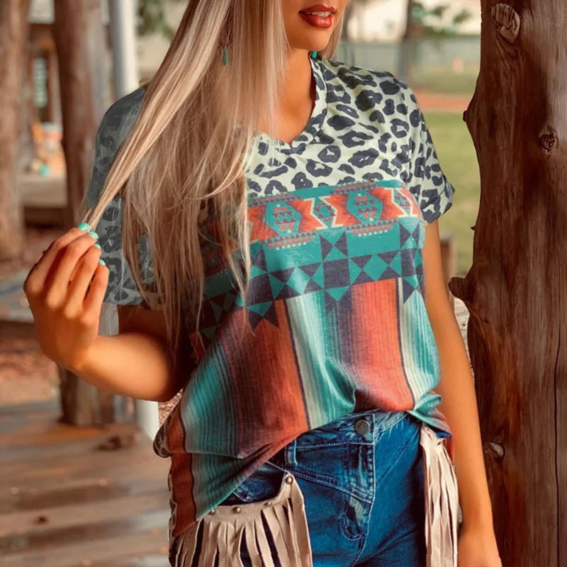 

2021 summer new fashion ethnic style leopard print stitching blouse women