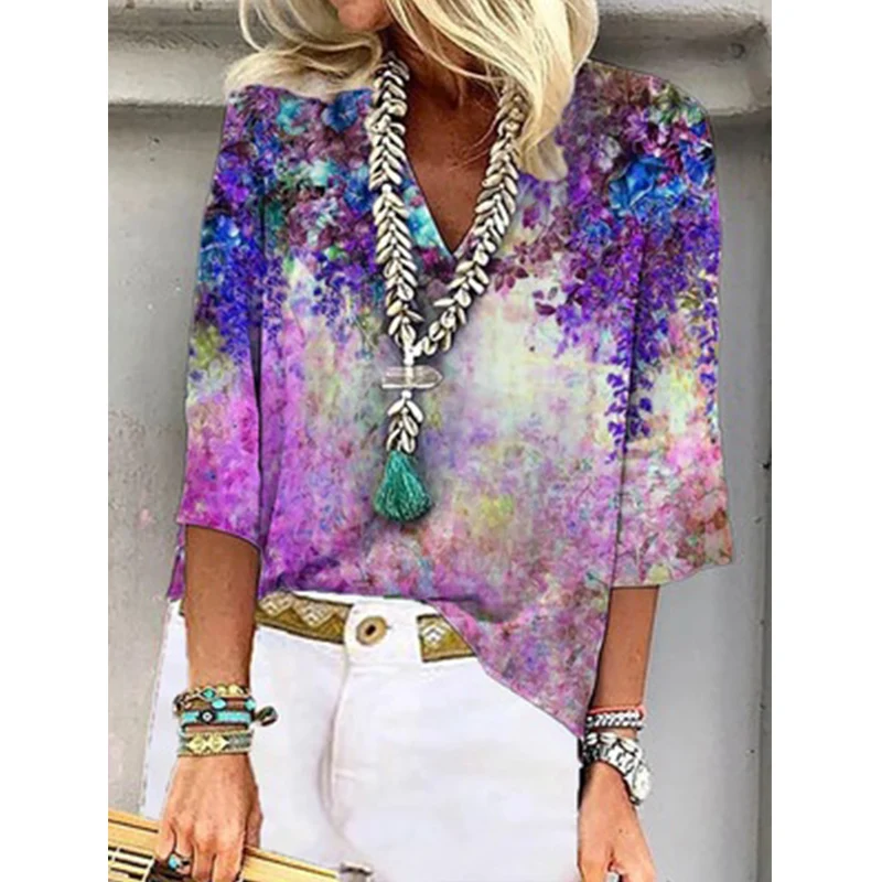 

3/4 Sleeve V Neck Tees Top Women Spring Summer Printed Casual Loose Tshirts Fashion Pullover Harajuku Shirts Plus Size Clothing