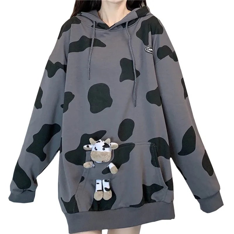 

Casual Winter Female Coat Fashion Plus Velvet Keep Warm Women Hoodie Sweatshirt Cute Toy Dairy Cow Harajuku New Girl Pullover