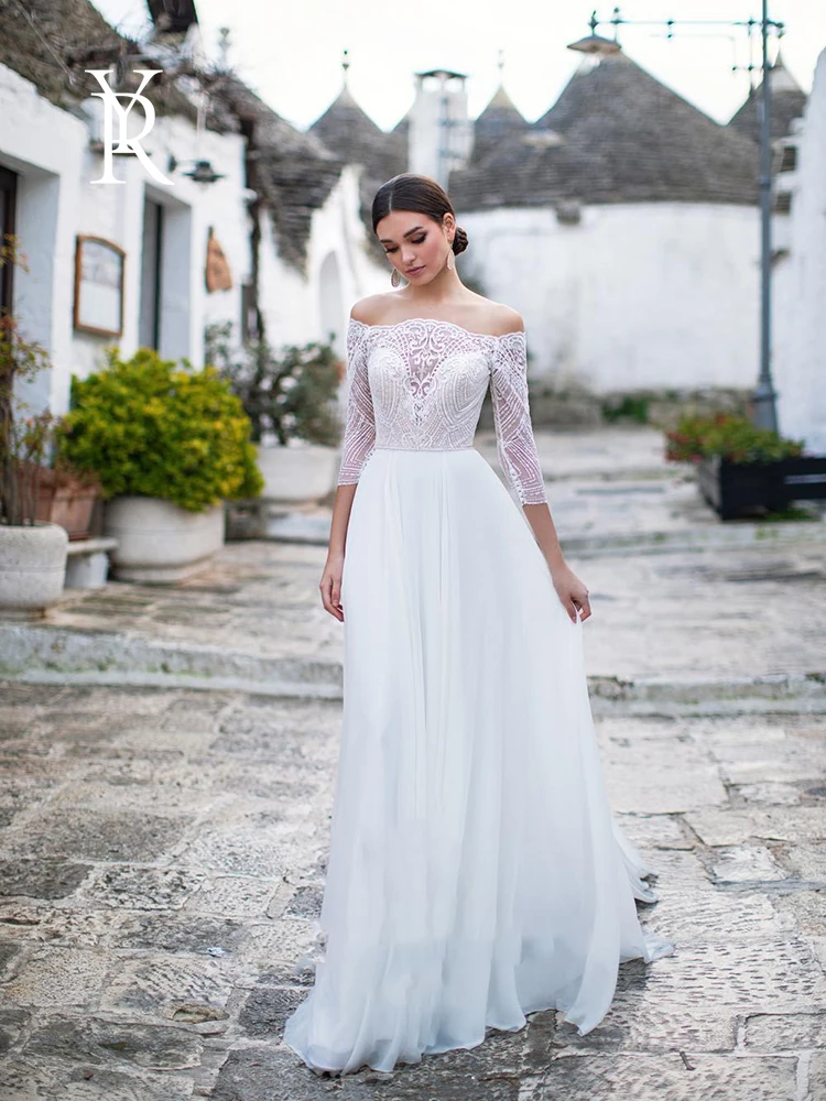 

YILIBER Lace wedding dress simple temperament long sleeve bridal dresses one shoulder chiffon exquisite pattern custom made