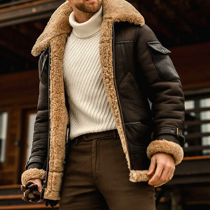 

2021 Men's Fashion Winter PU Jackets Thick Fleece Lined Bomber Flying Short Coats Zipper Closure for Outdoor Motor