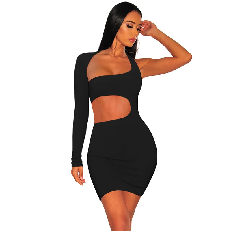 

Women's Sexy Solid Color One Shoulder Party Night Club Mini Dresses Cut Out Irregular Hot Bodycon