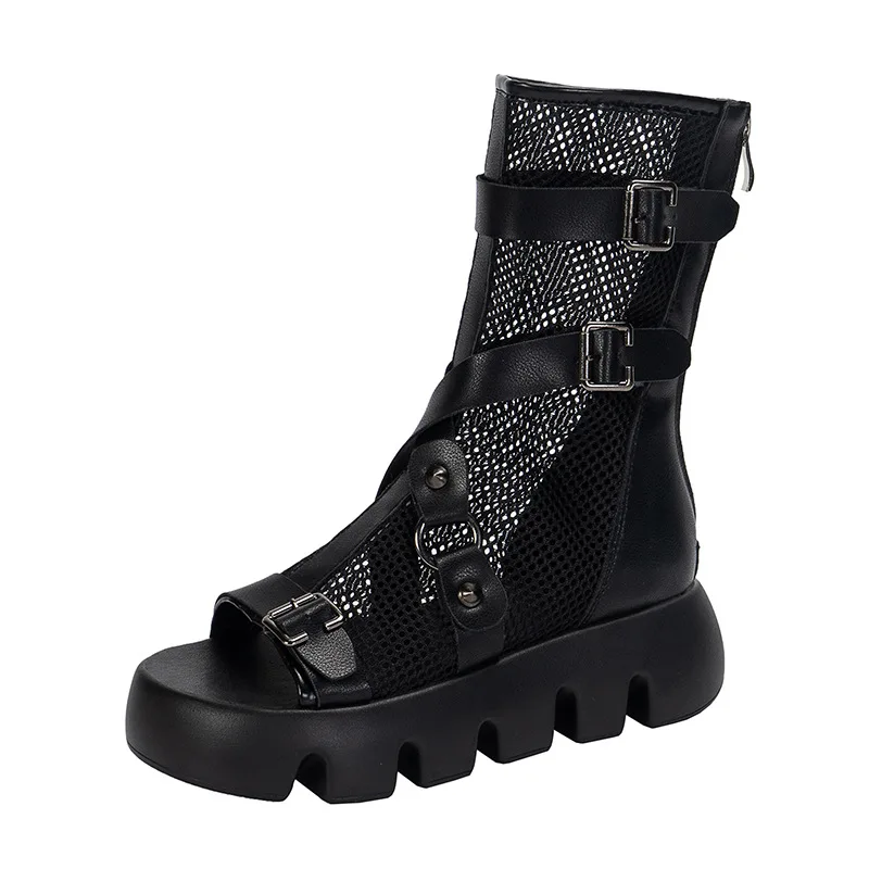 

Fish Mouth Sandals Women's Thick-soled 2021 Summer High-top Breathable Net Boots Hollow Wedge with Roman Mesh Sandals Size 35-40