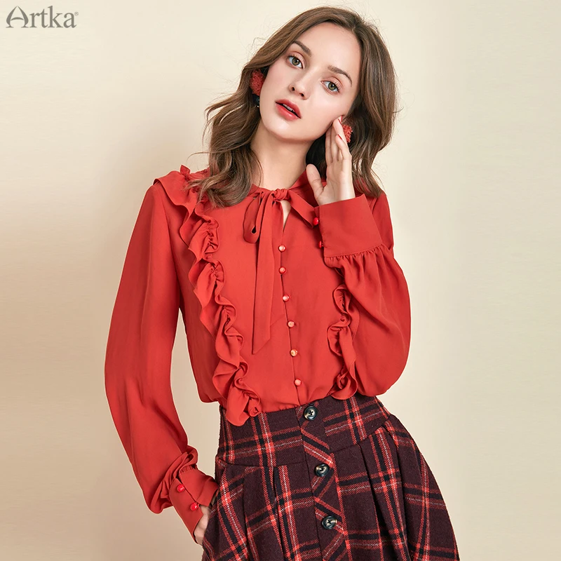 Женская винтажная шифоновая блузка ARTKA красная Элегантная с оборками и