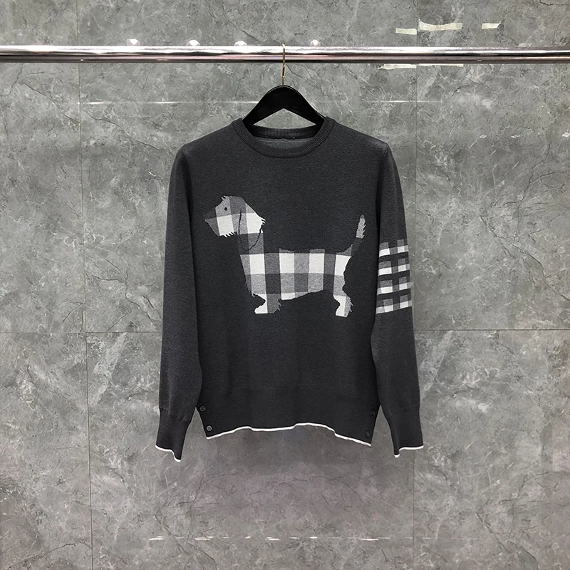 TB THOM Men's Sweater Fashion Brand Coat Dog Crepe Buffalo Check Jacquard Hector Graphics 4-BAR Pullover Dark Gray TB Sweaters