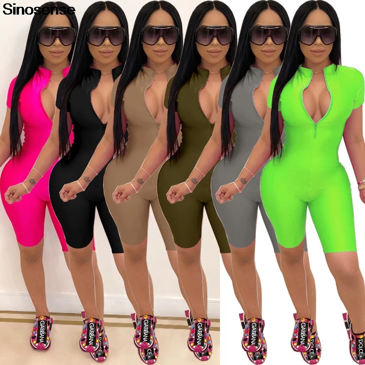 

Однотонные черные женские комбинезоны с коротким рукавом на молнии, повседневная спортивная одежда, уличный комбинезон, облегающий боди, э...