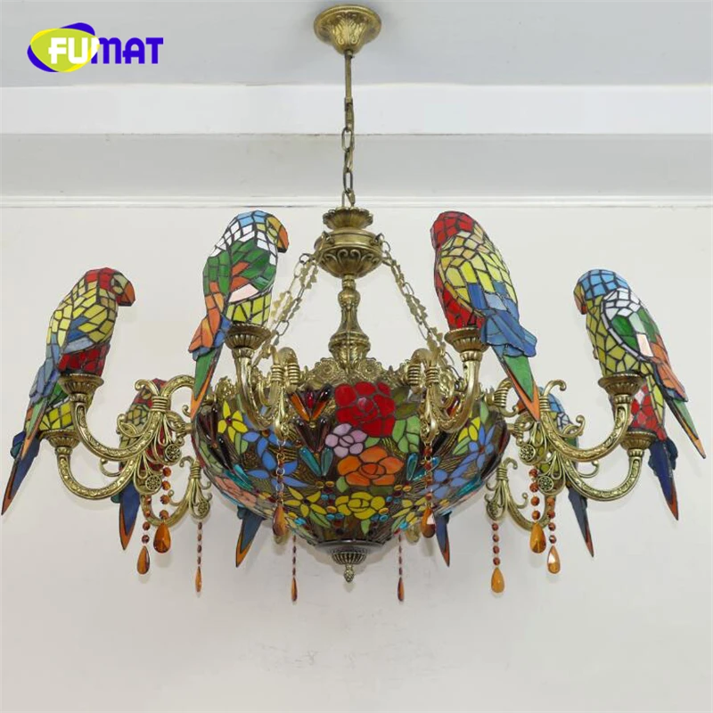Goedkoop Fumat Tiffany Kroonluchters Led Glas In Lood Papegaai E27 Hanglamp Orchidee Rose Bloem Luxe Opknoping Lichtpunt Loft Decor Lamp