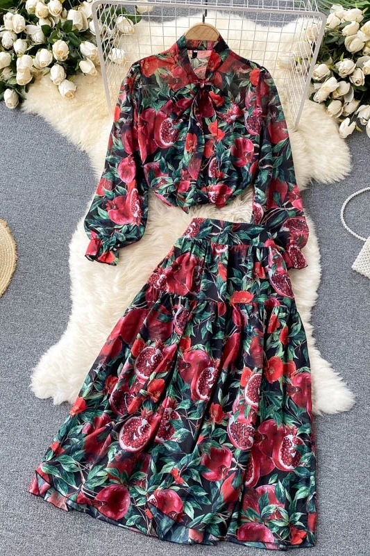 

Women's Vintage Floral Chiffon Suits Lantern Sleeve Single Breasted Blouse Shirt + A Line Skirt Ladies Elegant Two Pieces Set
