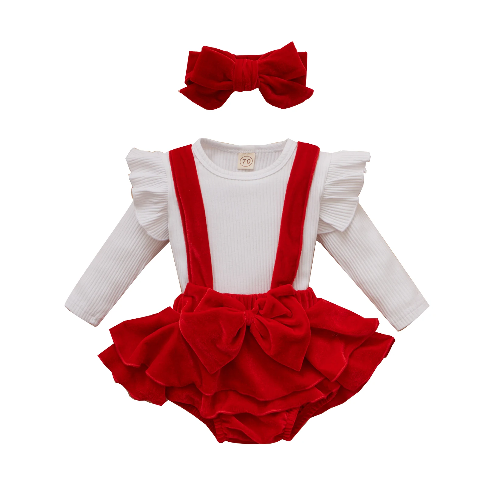 

Newborn Baby Girls Shorts Elastic Waist Casual Pullover Cotton Round Neck Velvet Strap Solid Long Sleeve Bow 3 Piece Set Clothes