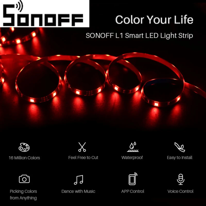 SONOFF L1 умный светодиодный светильник с регулируемой яркостью, водонепроницаемый, WiFi, гибкий, RGB, светильник s, работает с Alexa Google Home, танец с музыкой