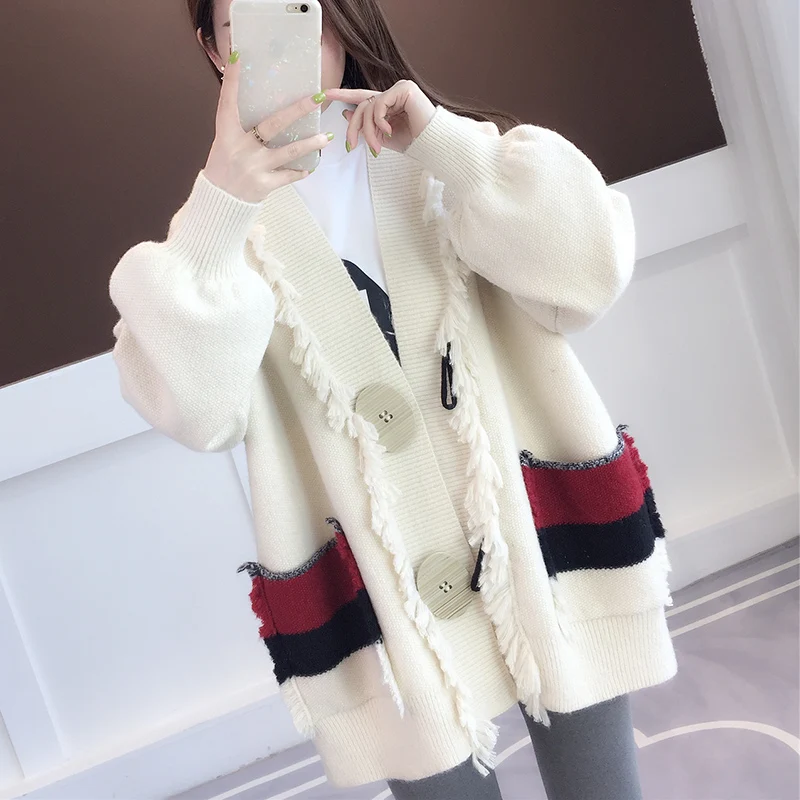 

Spring Autumn Sweater Women Loose Plus Size Knitted Cardigan Coat Tassel Jacket V-Neck Lantern Sleeve Windbreaker Outerwear