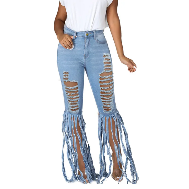 

2021 Print Zip Pocket Hole Tassel Streetwear Jeans Woman Long Denim Skinny Pleated Flare Pants Women