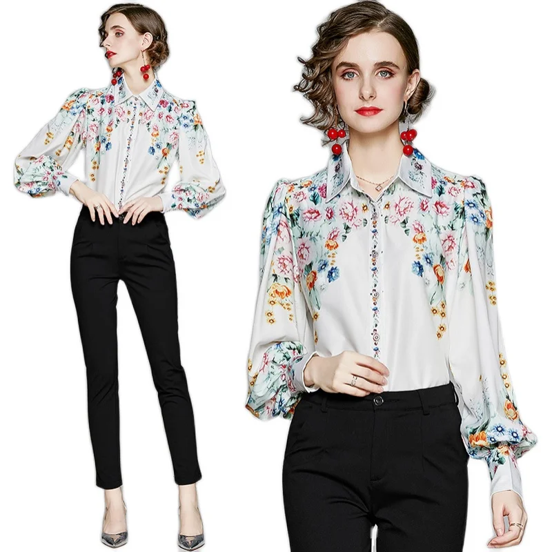 

New Elegant Vintage Fashion Women Spring Autumn Floral Print Slim Shirt Turn Down Collar Long Sleeve Blouses Tops