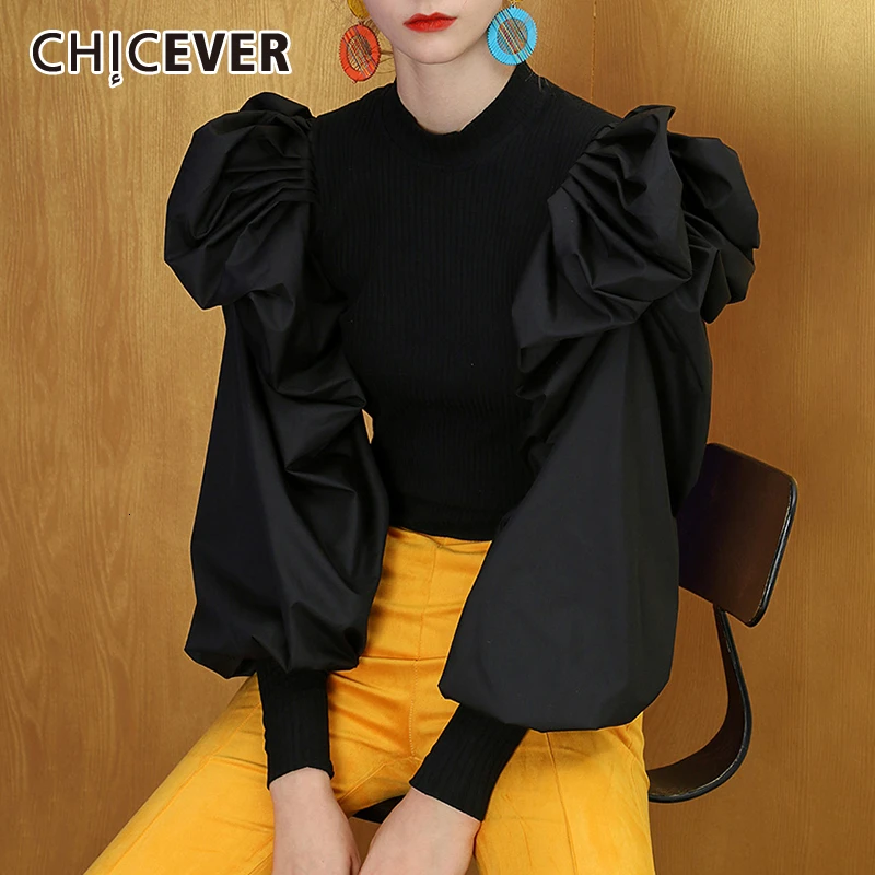 CHICEVER лоскутный вязаный женский свитер с круглым вырезом и пышными рукавами