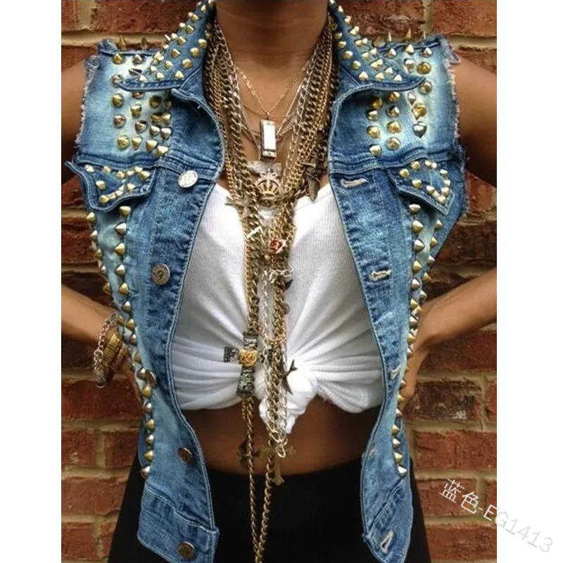 Джинсовое платье майка Для женщин на весну в стиле панк с заклепками отложной