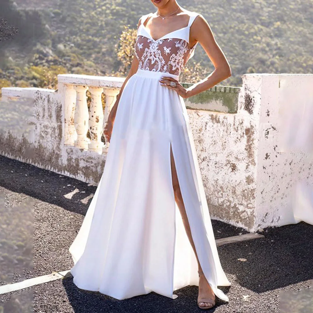 

Western Style Summer Nice Lace Split Fork Women's Dress Fashion Temperament Sexy Splicing V-neck High Waist Backless