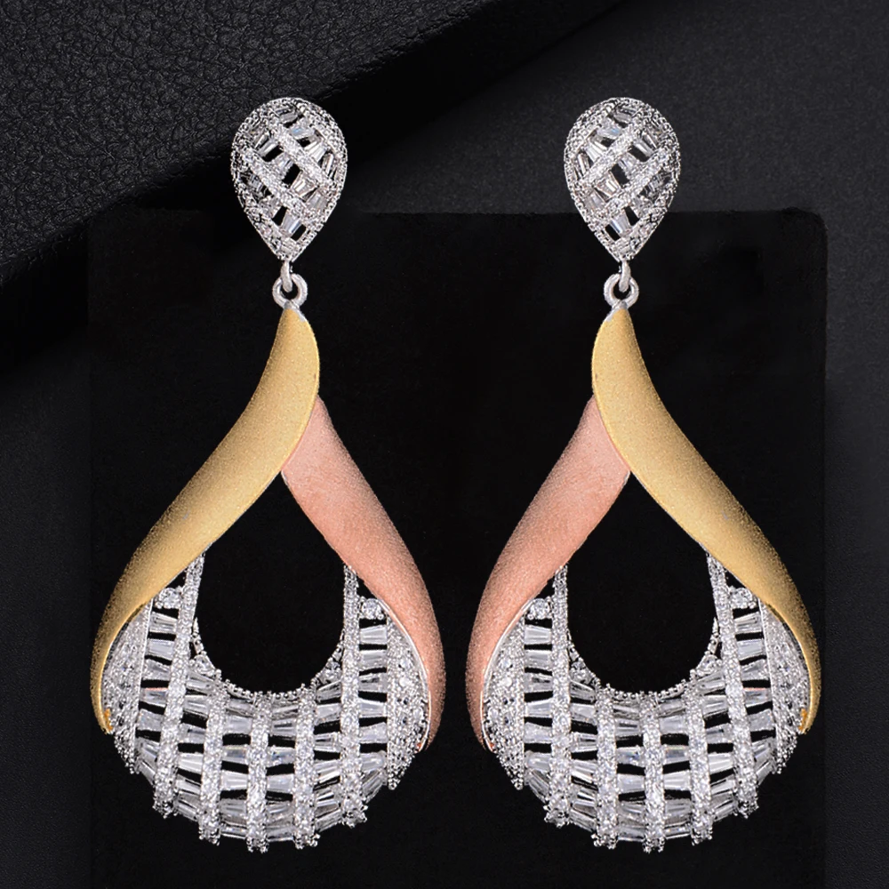

57mm Luxury Geometry Drop Full Pave Cubic Zirconia Engagement Party Drop Dangle Earrings Jewelry For Women