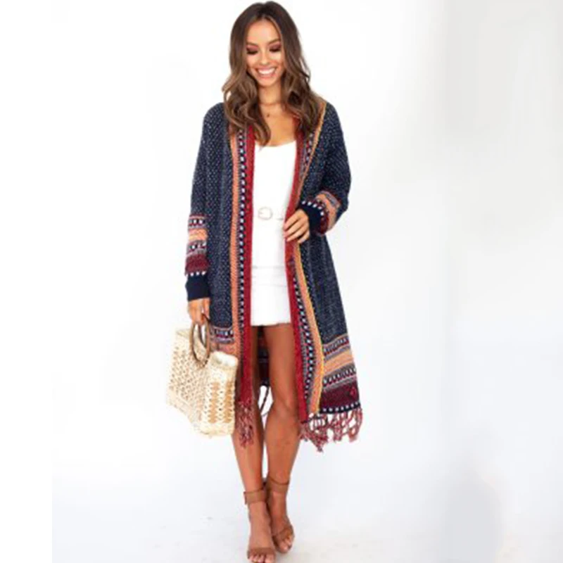 Женский винтажный кардиган средней длины трикотажное пальто в богемном стиле с