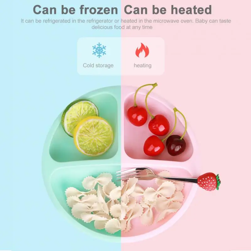 

Flexible Solid Divided 3 Sections Home Kitchen Baby Plate Travel Tableware Soft Silicone With Suction Microwave Safe Easy Clean