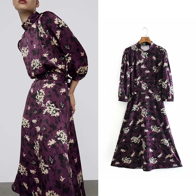 

TRAF 2022 Vintage Fashion Women Dress Vintage Floral Print O-Neck Dress Long Sleeve Sashes A-Line Vestidos Mujer Chic Dresses