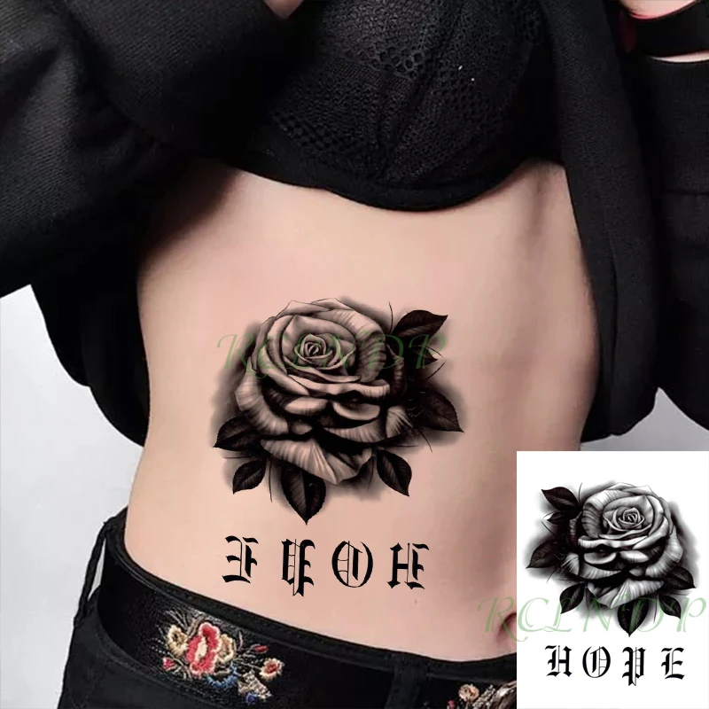 

Waterproof Temporary Tattoo Stickers Black Rose Flower "Hope "Letter Fake Tatto Flash Tatoo Body Art Tattoos for Women Men
