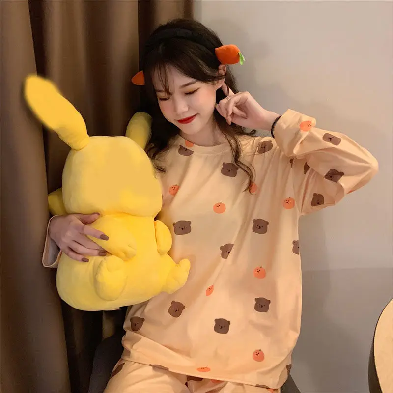 Pajamas for Women's Early Autumn New Long-sleeved Trousers Sleep Wear Cotton Cartoon Cute Spring Thin Sweet Home Service Suit
