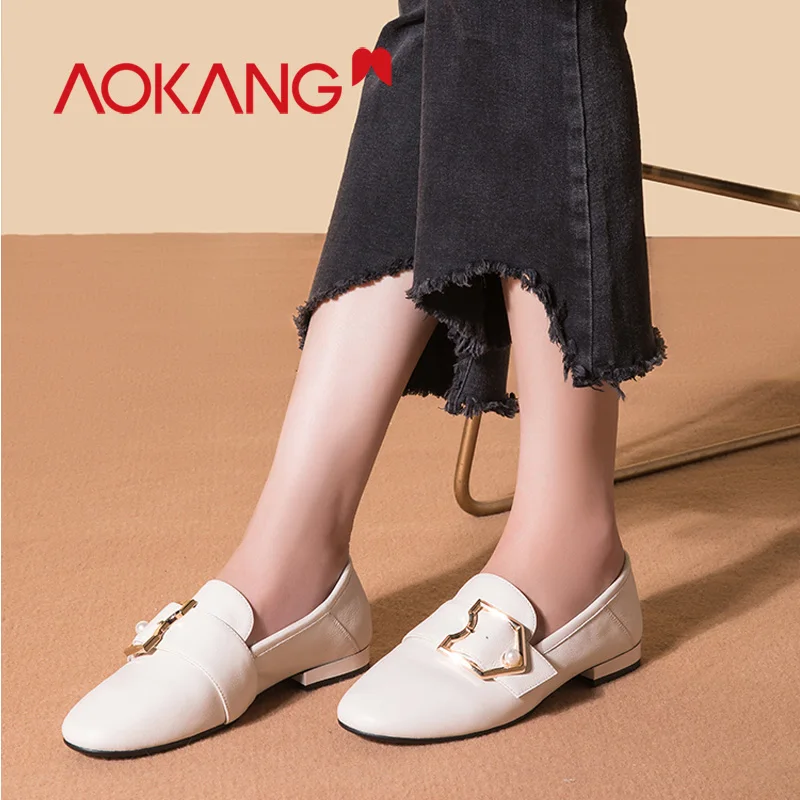 AOKANG/2019 черные лоферы на плоской подошве женские мокасины из натуральной кожи
