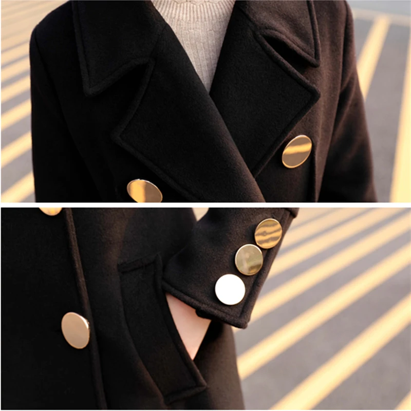 

Autumn Winter New Korean 2021 Slim Woolen Coat Women Fashion Double Breasted Long Black Jacket Female Casual Plus Size Cothes