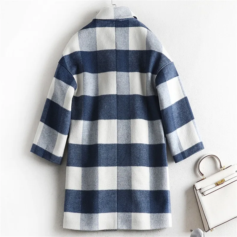 Женское шерстяное пальто осенне зимняя верхняя одежда в клетку средней длины с