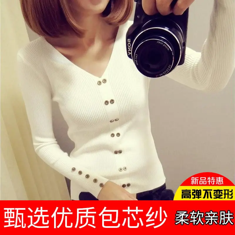 Женская обувь осень-зима Новая футболка с v-образным вырезом Длинные рукава