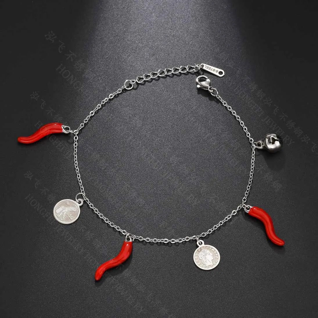 

Personality Little Bell Chili Red Pepper Woman's Bracelet Elizabeth Queen Coin Bracelets Stainless Steel Fashion Jewelry